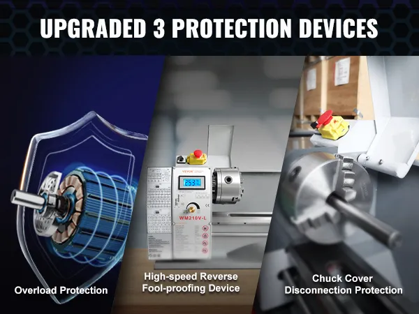 upgraded 3 protection devices on VEVOR metal lathe: overload protection, high-speed reverse, chuck cover protection.