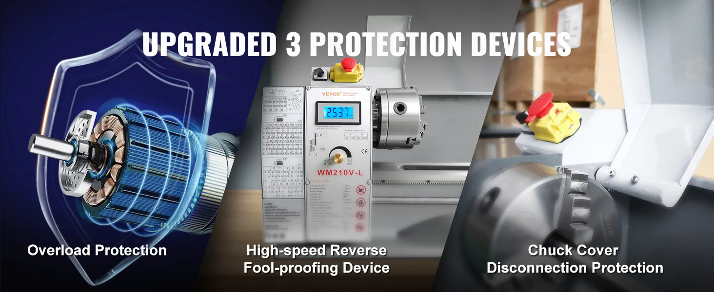 upgraded 3 protection devices on VEVOR metal lathe: overload protection, high-speed reverse, chuck cover protection.