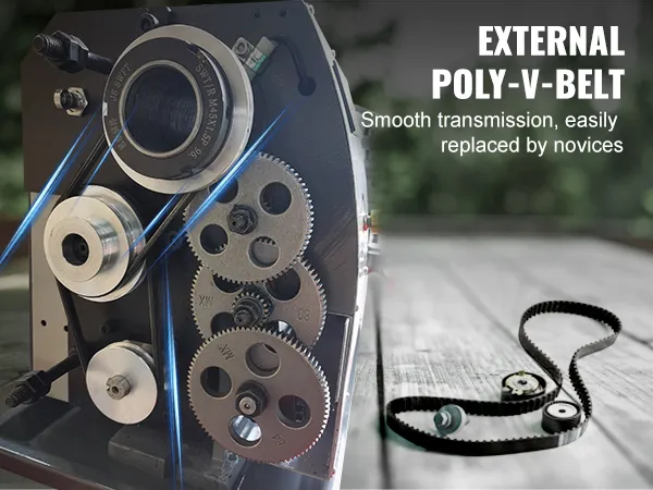 VEVOR metal lathe with external poly-v-belt for smooth transmission, easy replacement for novices.