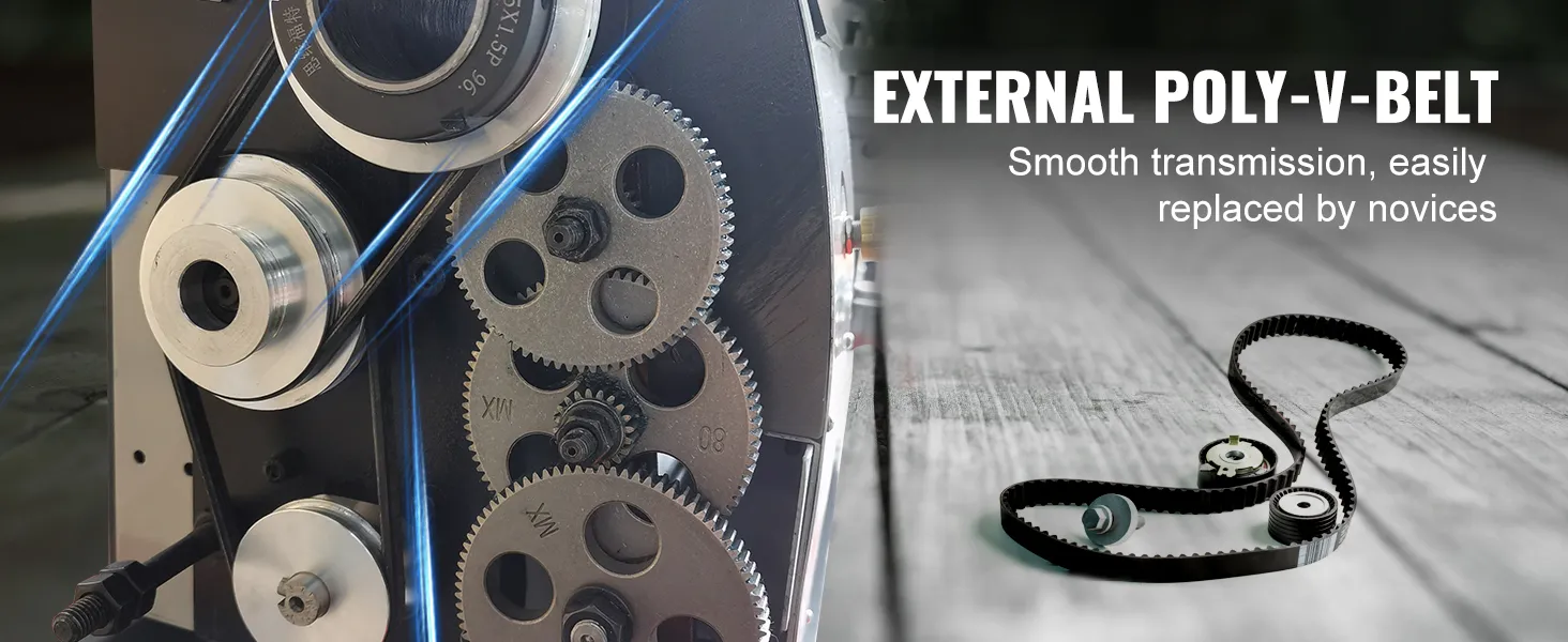 VEVOR metal lathe with external poly-v-belt for smooth transmission, easy replacement for novices.