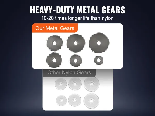 heavy-duty VEVOR metal lathe gears vs nylon gears, showcasing durability and longevity comparison.