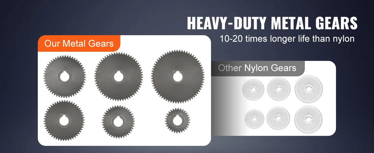 heavy-duty VEVOR metal lathe gears vs nylon gears, showcasing durability and longevity comparison.