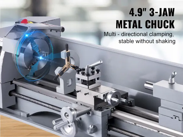 4.9" 3-jaw metal chuck on VEVOR metal lathe, highlighting multi-directional clamping.