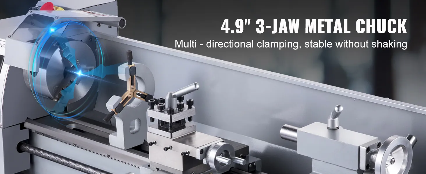 4.9" 3-jaw metal chuck on VEVOR metal lathe, highlighting multi-directional clamping.