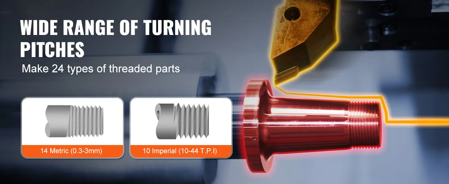 wide range of turning pitches for VEVOR metal lathe, create 24 types of threaded parts, metric and imperial.