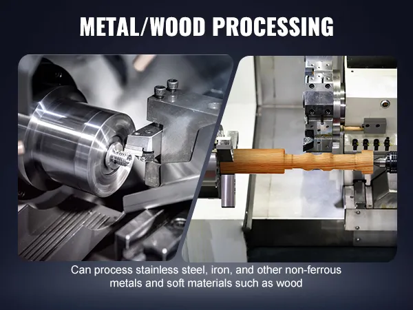 VEVOR metal lathe for processing metals and wood, showcasing stainless steel and wooden workpieces.