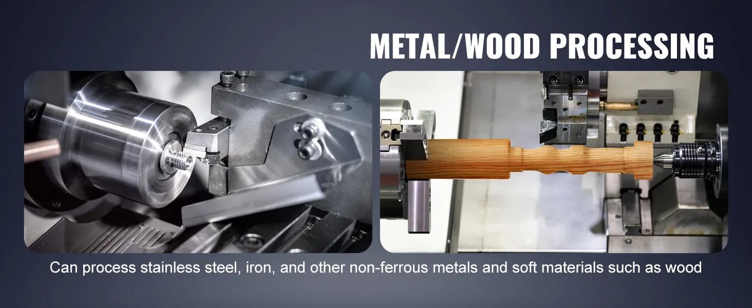 VEVOR metal lathe for processing metals and wood, showcasing stainless steel and wooden workpieces.