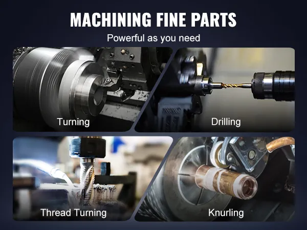 machining fine parts with VEVOR metal lathe showcasing turning, drilling, thread turning, and knurling.