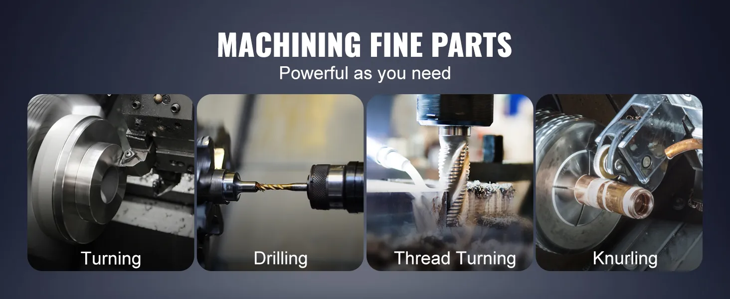machining fine parts with VEVOR metal lathe showcasing turning, drilling, thread turning, and knurling.