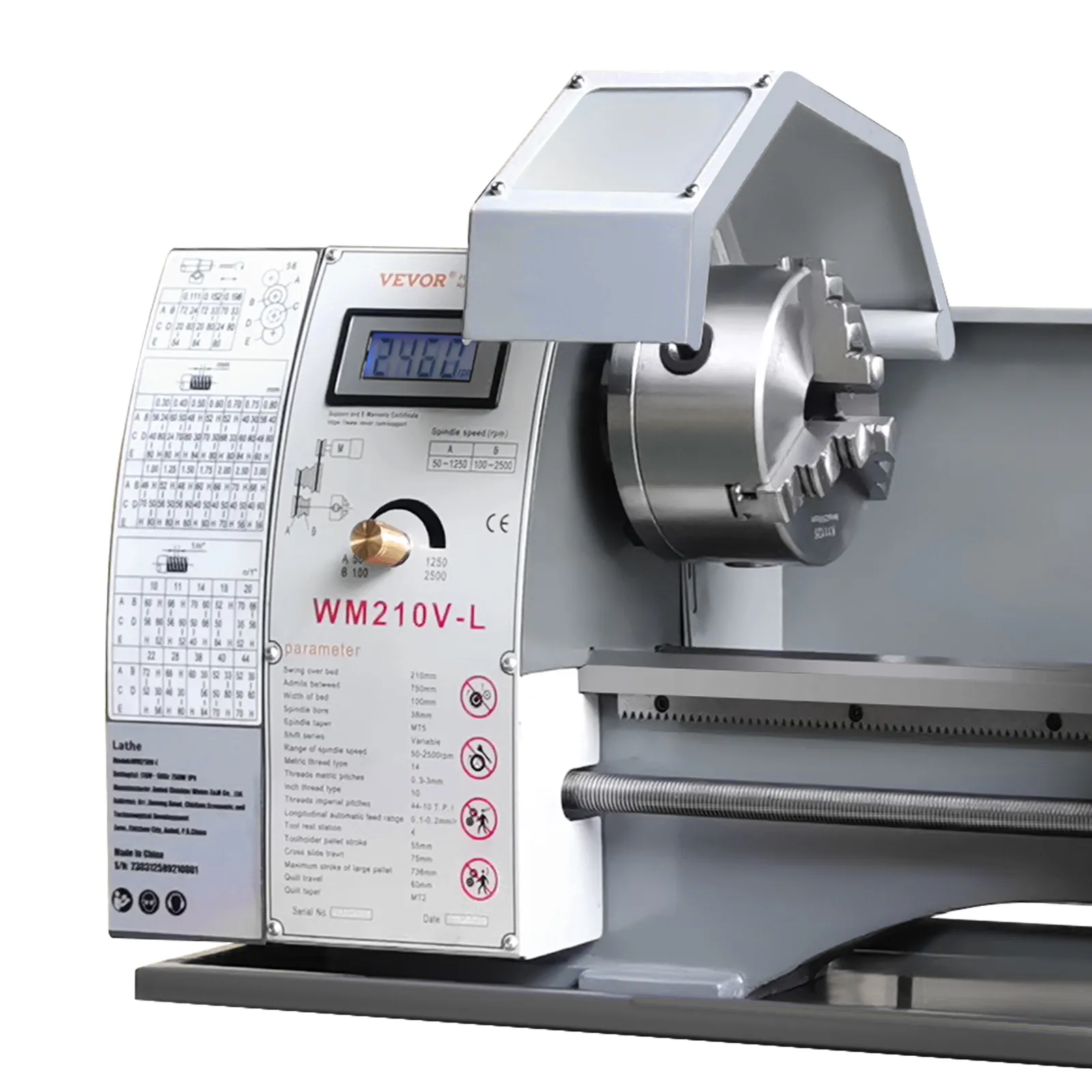 VEVOR metal lathe wm210v-l close-up with control panel, digital display, and chuck mechanism.