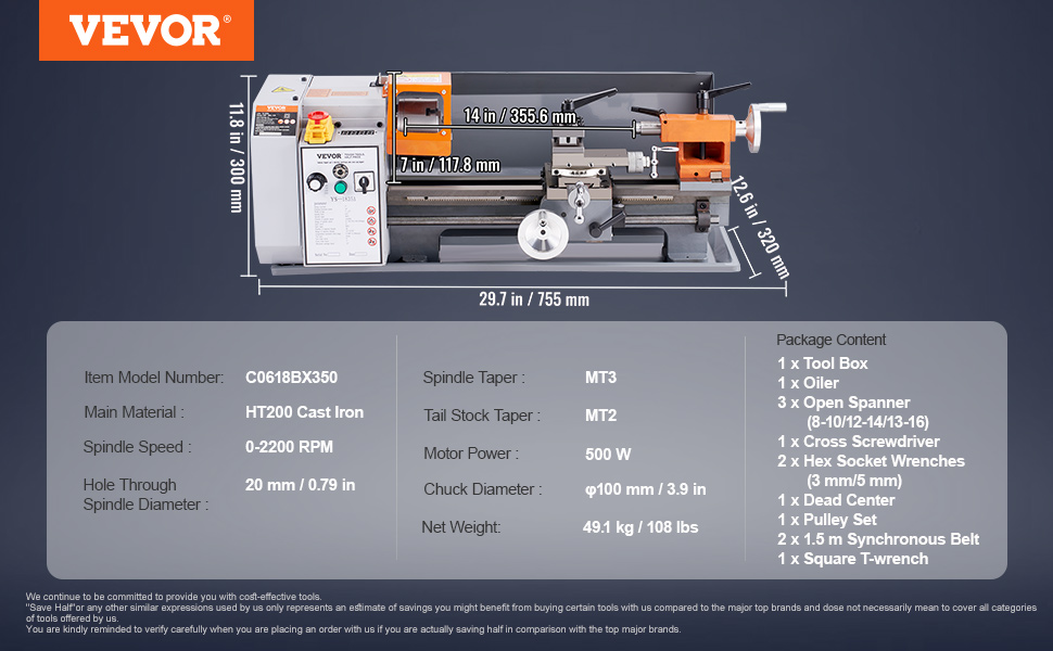 VEVOR Benchtop Metal Lathe, 7'' x 13.78'', offers precise