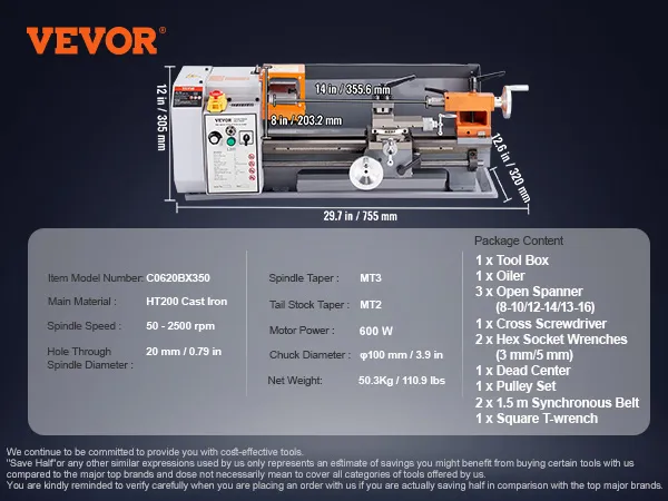 VEVOR metal lathe specifications and dimensions with package contents listed on the side.