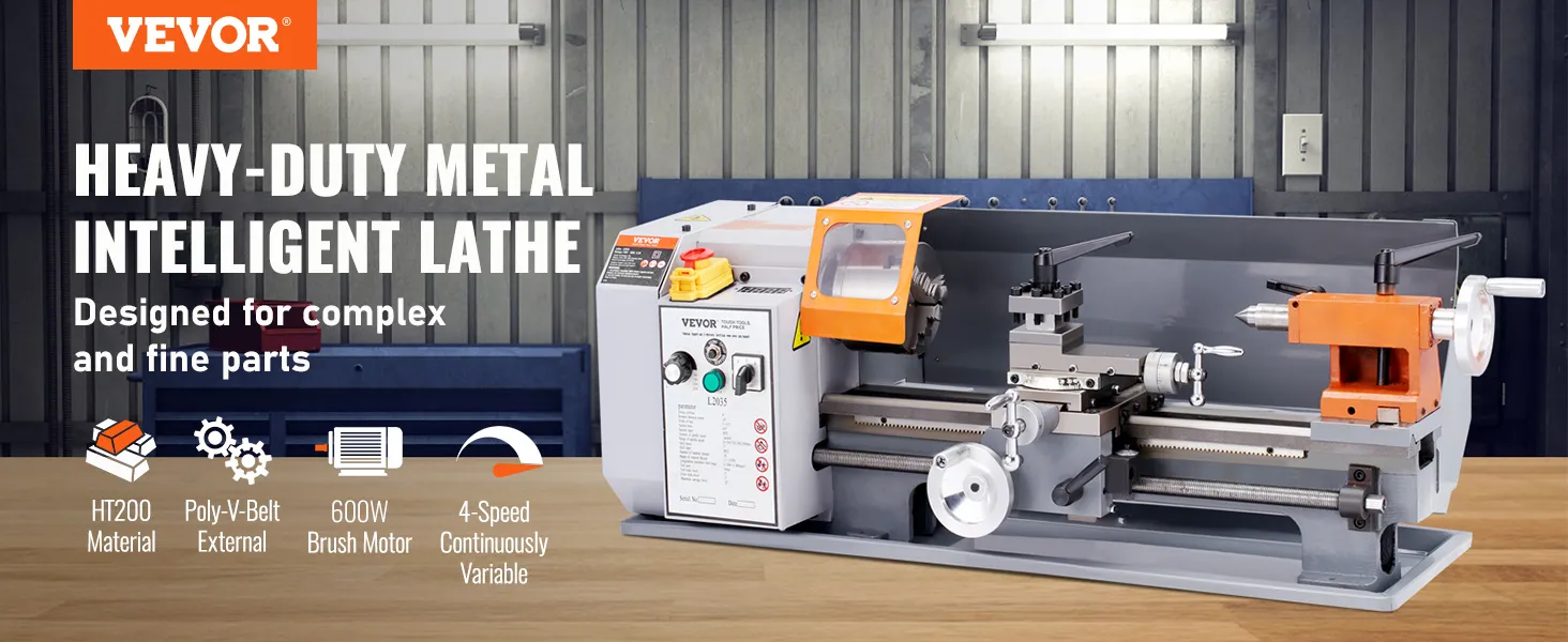 VEVOR metal lathe with 600w motor, ht200 material, and 4-speed variability for complex parts.