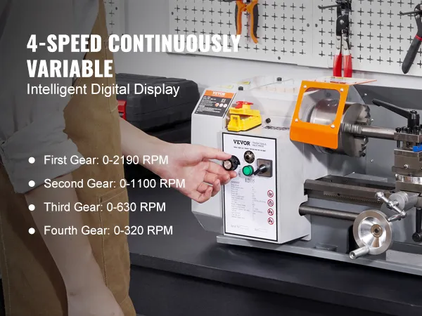 VEVOR metal lathe with 4-speed range, intelligent display, and adjustable gear settings.