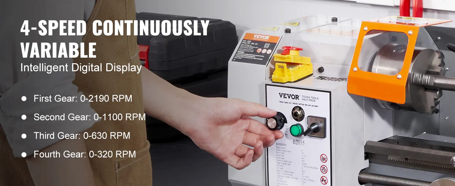 VEVOR metal lathe with 4-speed range, intelligent display, and adjustable gear settings.