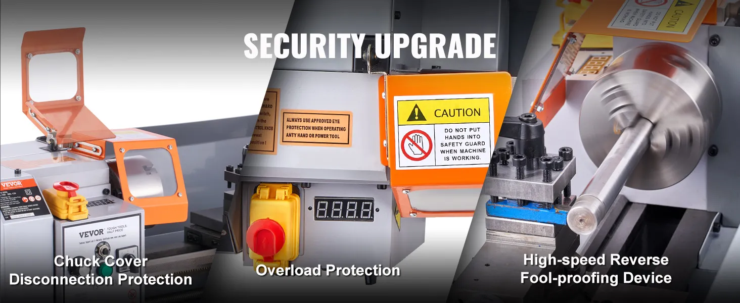 VEVOR metal lathe with chuck cover, overload protection, and high-speed reverse fool-proofing device.