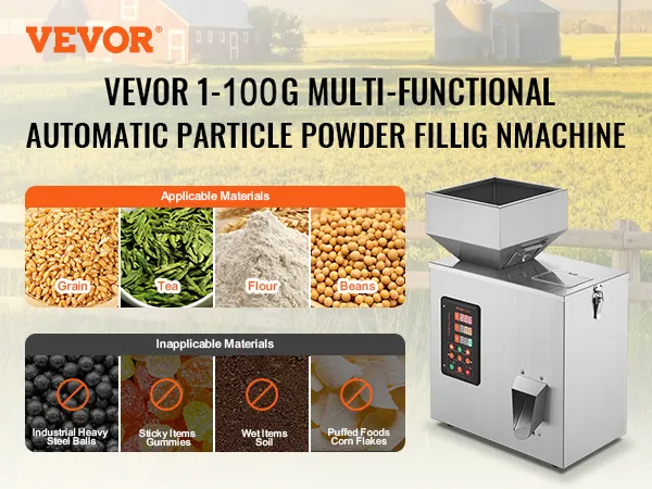 VEVOR powder filling machine for grains, tea, seasoning powder, and legumes with digital control panel.
