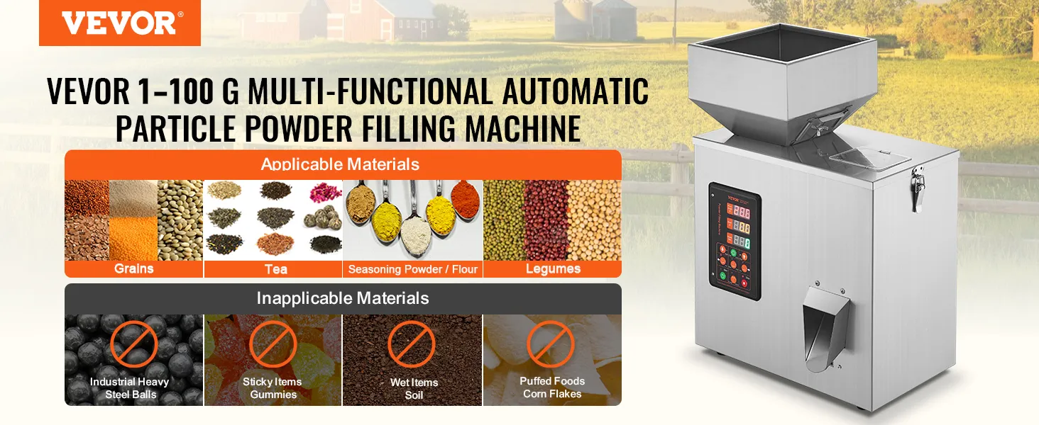 VEVOR powder filling machine for grains, tea, seasoning powder, and legumes with digital control panel.