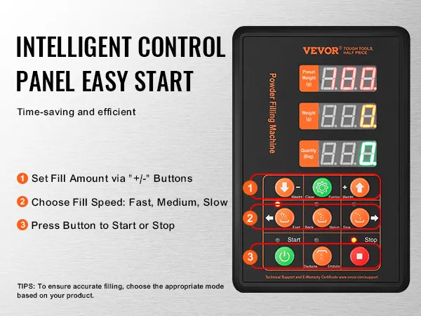 VEVOR powder filling machine control panel with settings for fill amount, speed, and start/stop buttons.