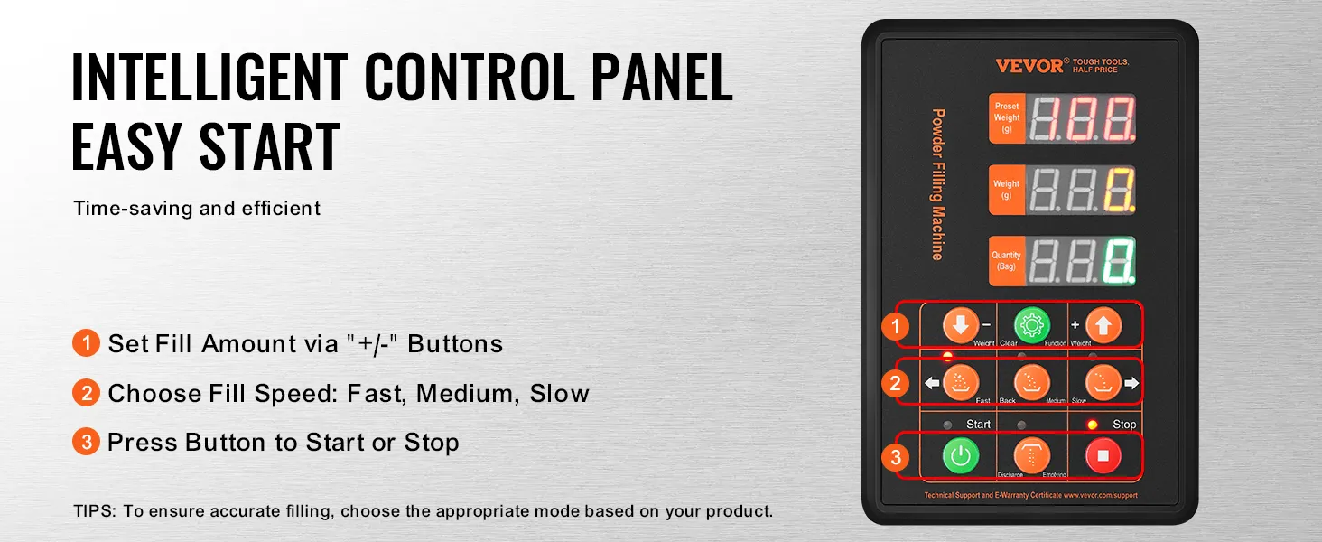 VEVOR powder filling machine control panel with settings for fill amount, speed, and start/stop buttons.
