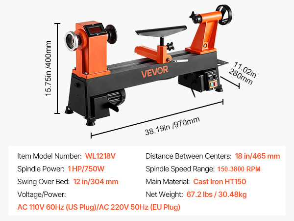 VEVOR Benchtop Woodworking Lathe – 0–3800 RPM, 1 HP