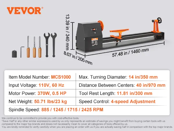 VEVOR drechselbank mcs1000, 110v, 370w, 4 geschwindigkeiten, max. durchmesser 350mm.