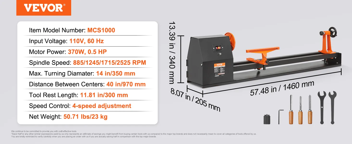 VEVOR drechselbank mcs1000, 110v, 370w, 4 geschwindigkeiten, max. durchmesser 350mm.