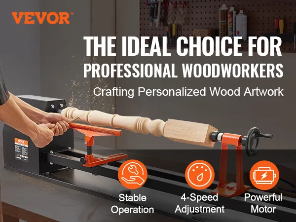 stolarz używający tokarki stołowej VEVOR do tworzenia spersonalizowanych dzieł sztuki z drewna w warsztacie.