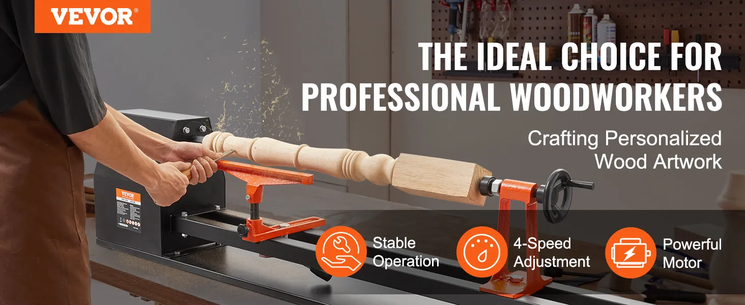 stolarz używający tokarki stołowej VEVOR do tworzenia spersonalizowanych dzieł sztuki z drewna w warsztacie.