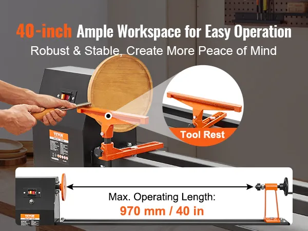 Tokarka stołowa do drewna VEVOR posiada 40-calowy obszar roboczy, solidną podpórkę narzędzi i długość roboczą 970 mm.