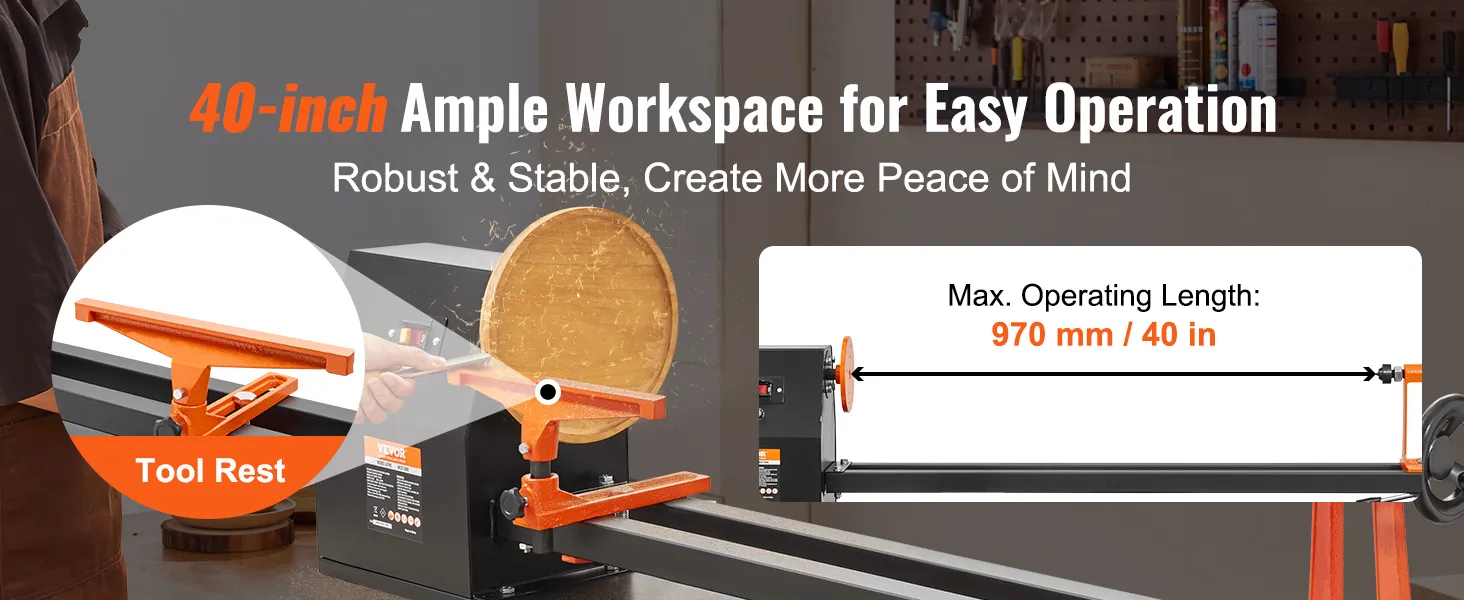 Tokarka stołowa do drewna VEVOR posiada 40-calowy obszar roboczy, solidną podpórkę narzędzi i długość roboczą 970 mm.