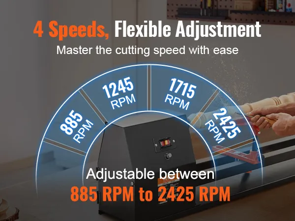 VEVOR tokarka z 4 regulowanymi prędkościami od 885 do 2425 rpm, łatwe ustawienie cięcia.