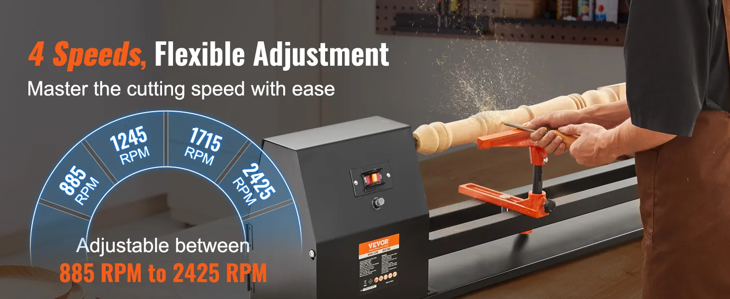 VEVOR tokarka z 4 regulowanymi prędkościami od 885 do 2425 rpm, łatwe ustawienie cięcia.