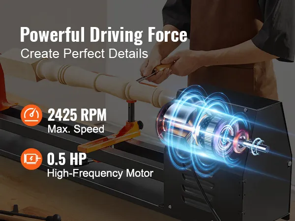 mocna tokarka stołowa do drewna VEVOR o maksymalnej prędkości 2425 obr./min i silniku o wysokiej częstotliwości 0,5 KM.