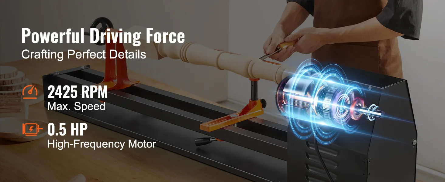 mocna tokarka stołowa do drewna VEVOR o maksymalnej prędkości 2425 obr./min i silniku o wysokiej częstotliwości 0,5 KM.