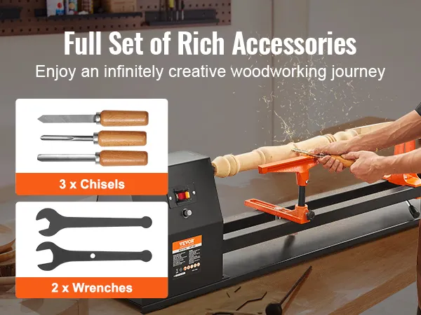 stolarz pracujący na tokarce stołowej VEVOR z trzema dłutami, dwoma kluczami i kluczem imbusowym.