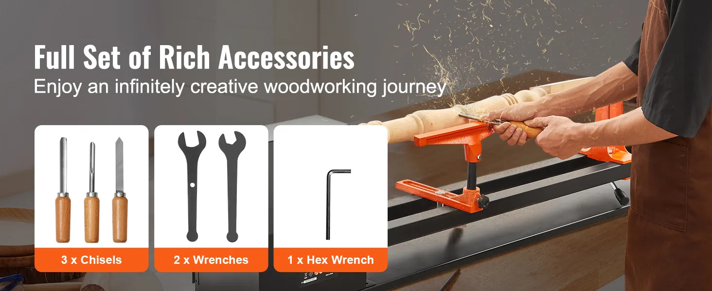 stolarz pracujący na tokarce stołowej VEVOR z trzema dłutami, dwoma kluczami i kluczem imbusowym.