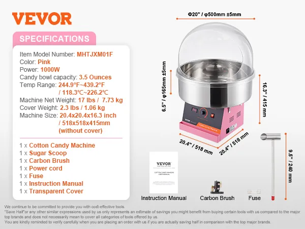 VEVOR suikerspinmachine met roze voet, 1000 W vermogen, 100 ml kominhoud en transparant deksel.