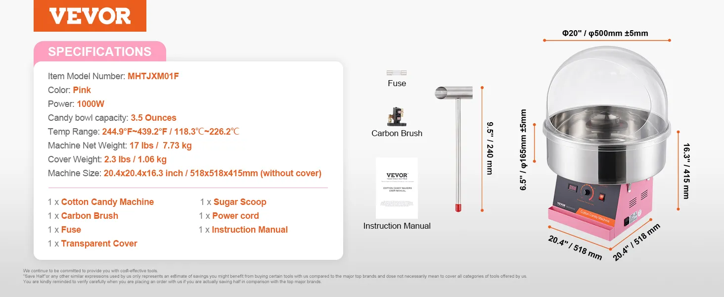 VEVOR suikerspinmachine met roze voet, 1000 W vermogen, 100 ml kominhoud en transparant deksel.