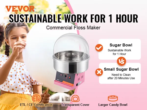 VEVOR suikerspinmachine commerciële flossmaker, duurzaam werk gedurende 1 uur, etl/ce gecertificeerd.