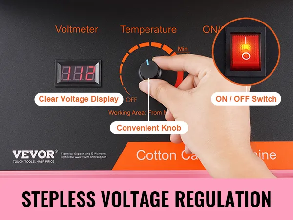Bedieningspaneel van de VEVOR suikerspinmachine met duidelijke spanningsweergave, handige draaiknop en aan/uit-schakelaar.
