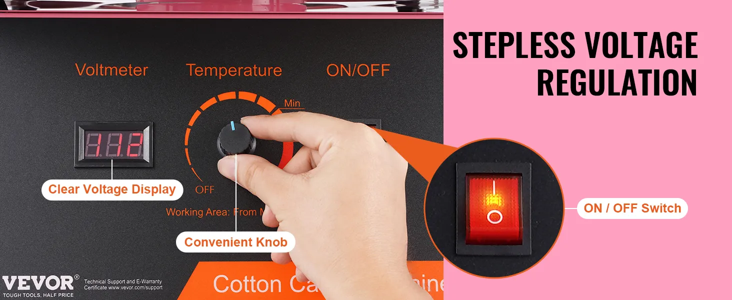 Bedieningspaneel van de VEVOR suikerspinmachine met duidelijke spanningsweergave, handige draaiknop en aan/uit-schakelaar.