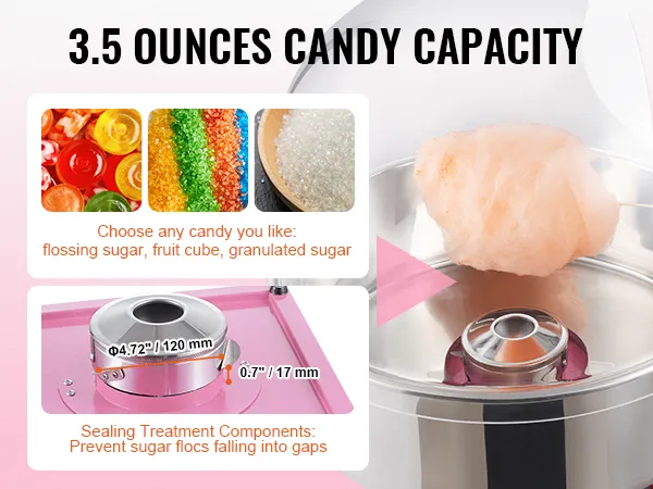 VEVOR suikerspinmachine met een capaciteit van 100 gram, ondersteunt verschillende soorten suiker en afsluitcomponenten.