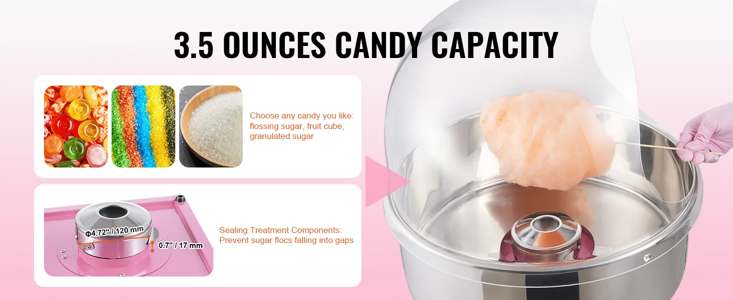 VEVOR suikerspinmachine met een capaciteit van 100 gram, ondersteunt verschillende soorten suiker en afsluitcomponenten.