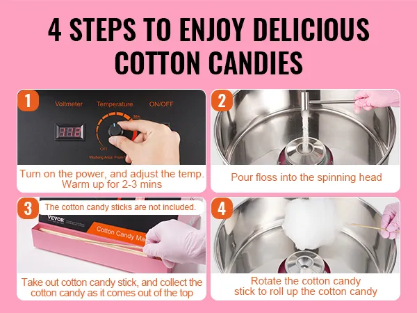 4 stappen om suikerspin te maken met de VEVOR suikerspinmachine: verhitten, flosdraad erin gieten, opvangen en rollen.