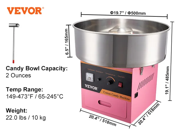 VEVOR electric cotton candy machine with stainless steel bowl, dimensions, and specs on a pink background.