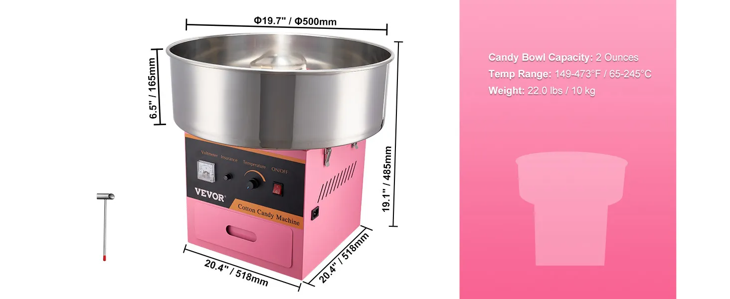 VEVOR electric cotton candy machine with stainless steel bowl, dimensions, and specs on a pink background.
