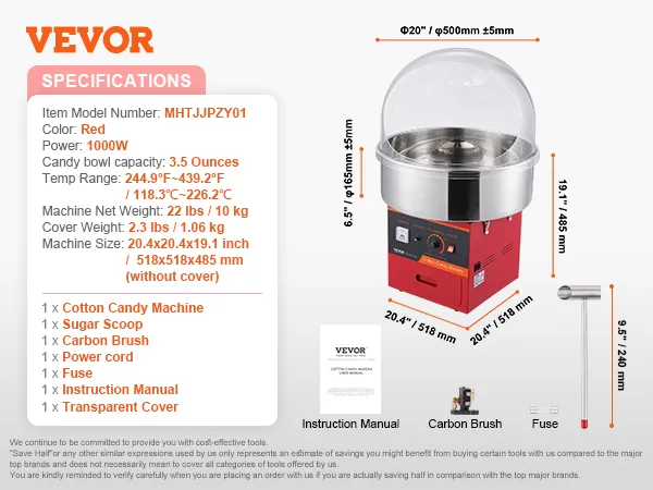 Dane techniczne maszyny do waty cukrowej VEVOR, w tym moc, waga, wymiary i akcesoria. Czerwona, 1000 W.