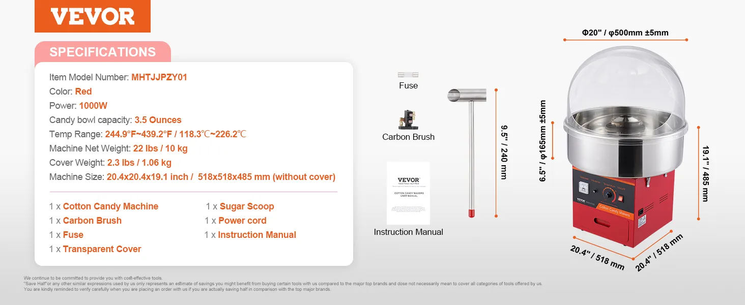 Dane techniczne maszyny do waty cukrowej VEVOR, w tym moc, waga, wymiary i akcesoria. Czerwona, 1000 W.