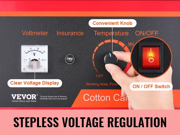 Panel sterowania maszyny do waty cukrowej VEVOR z wygodnym pokrętłem, czytelnym wyświetlaczem napięcia i przełącznikiem włącz/wyłącz.